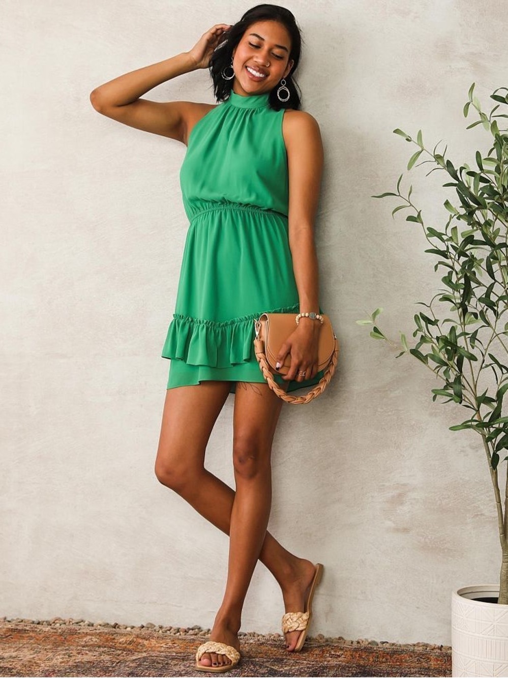Willow & Root High Neck Ruffled Hem Chiffon Mini Romantic Tiered Boho Dress - M